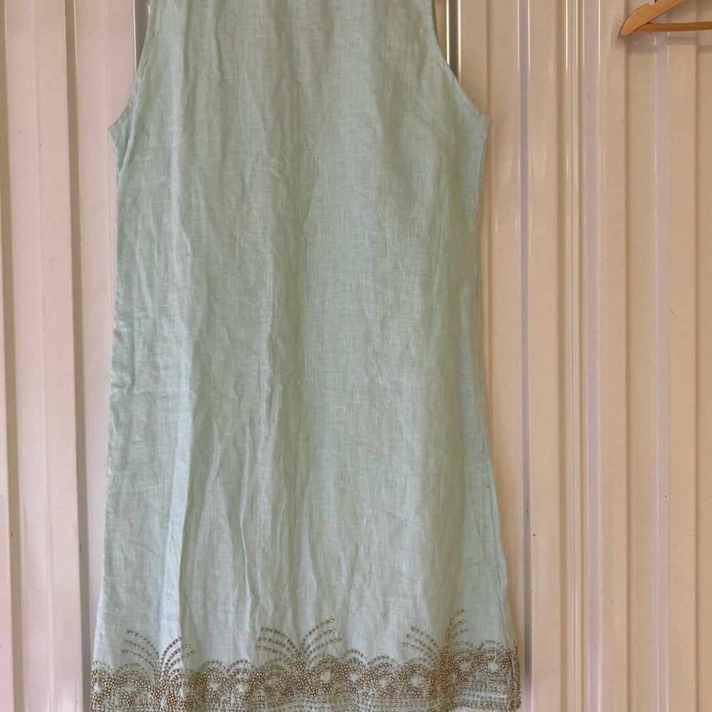 Bella Tu Jeanne D’ Gopi Vaid Linen Beaded Dress 6 Mint Blue Sleeveless India - Picture 7 of 14